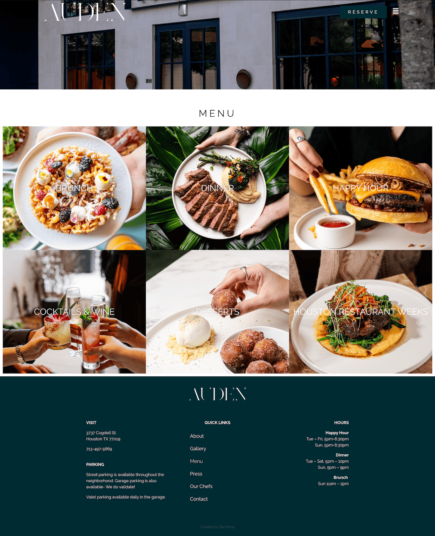 Auden Restaurant Menu- Created by Site Moxy